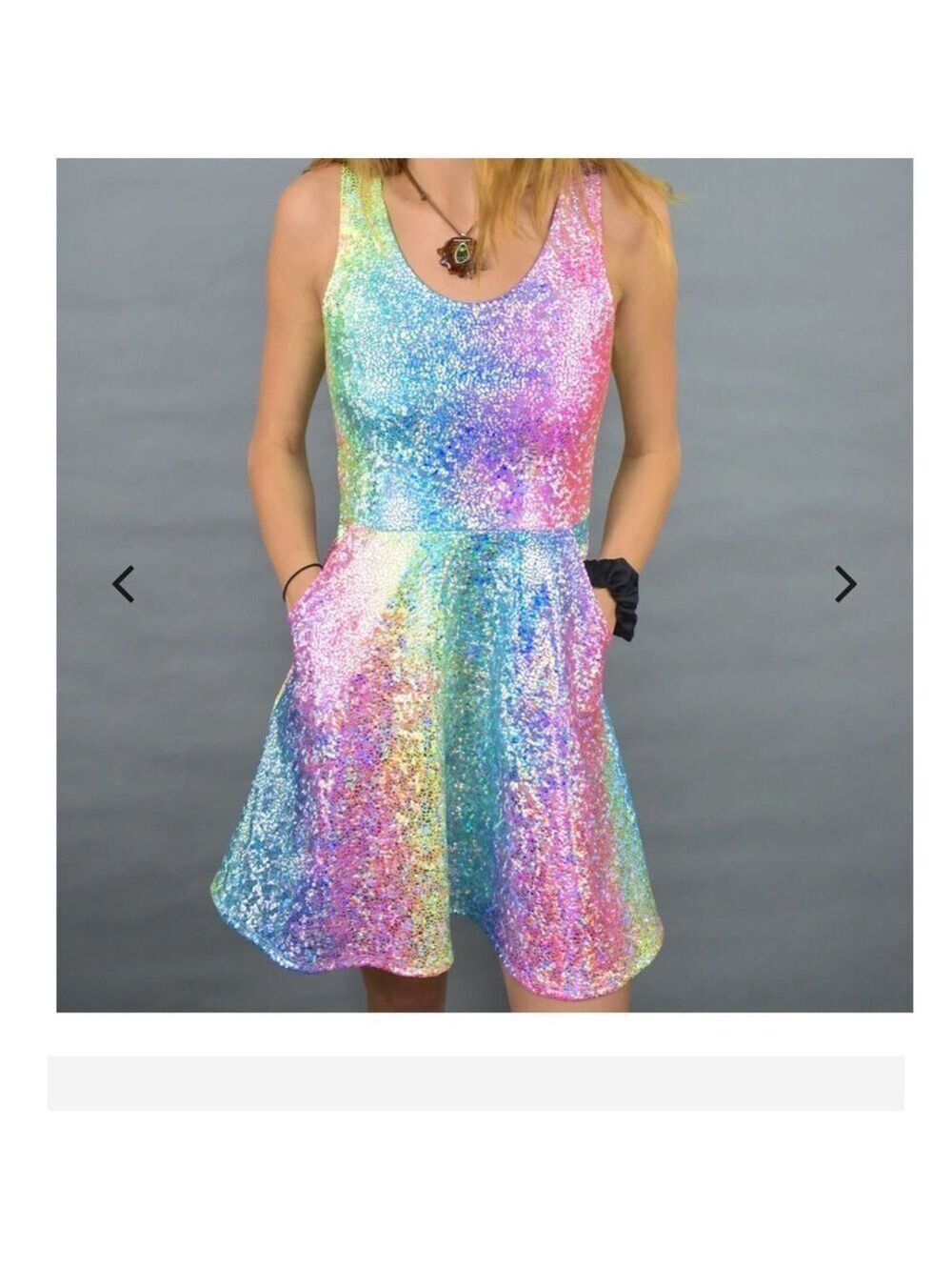 Rainbow Holo A-Line Mini Dress with Pockets NWT
